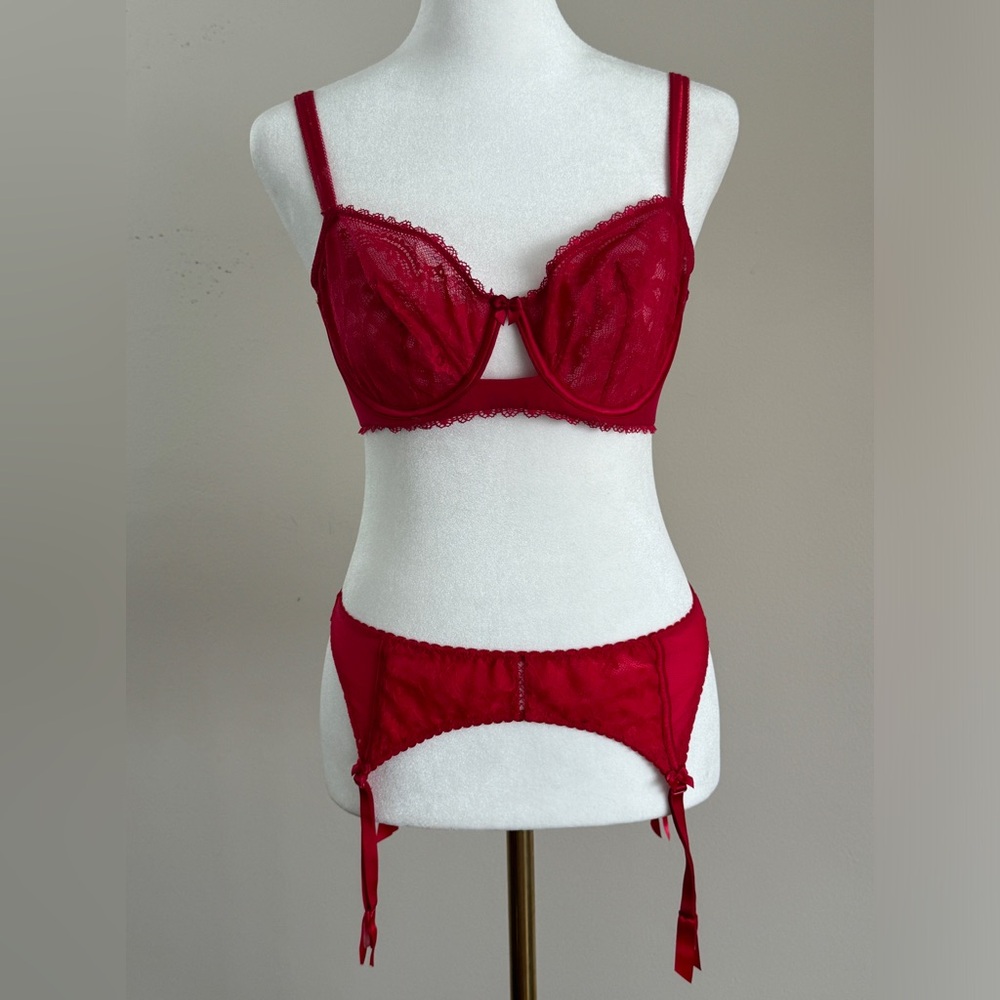 VICTORIAS SECRET red bra & garter set 34D